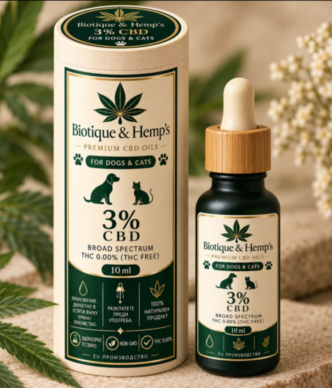 CBD за животни 3% — шишенце с кутия